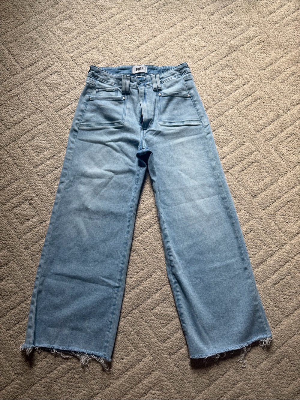 PAIGE Anessa Light Blue Cropped Wide-Leg Jeans with raw hem